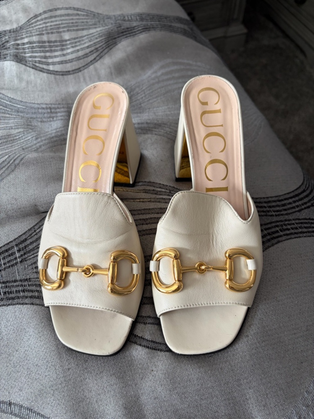 Gucci Cream Leather Horsebit Block Heel Slides